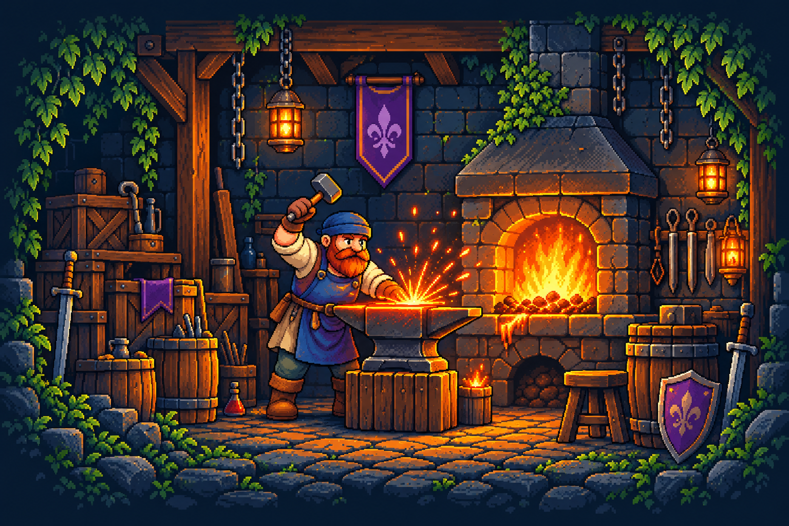 A blacksmith hammers a glowing blade at a forge in The Count's pixel-art workshop